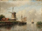 Andreas Schelfhout Dutch boats moored on a river beside a windmill Germany oil painting artist